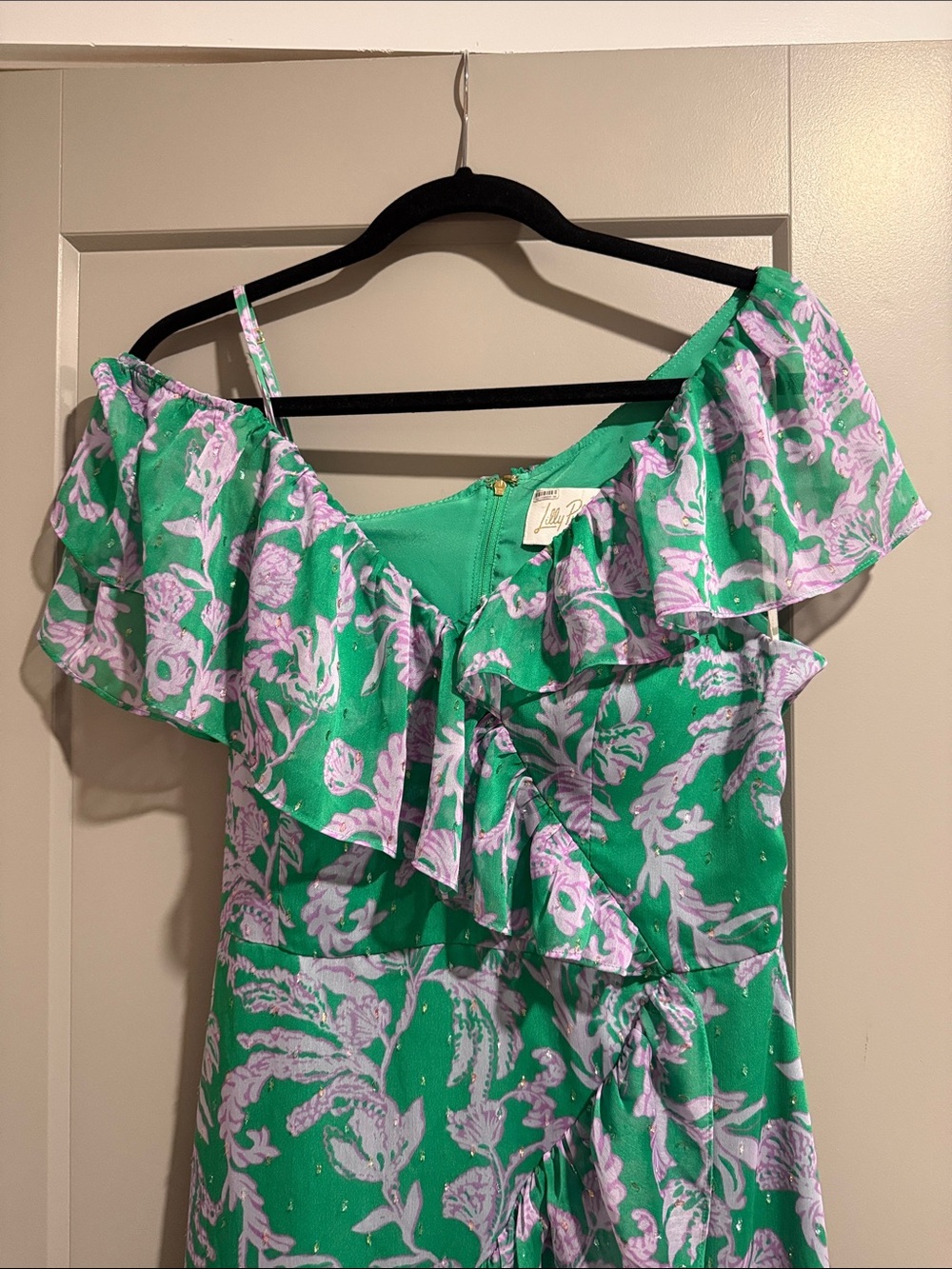 Lilly Pulitzer Green and Lavender Floral High-Low Maxi Dress Rosalyn Ruffle - Picture 5 of 13